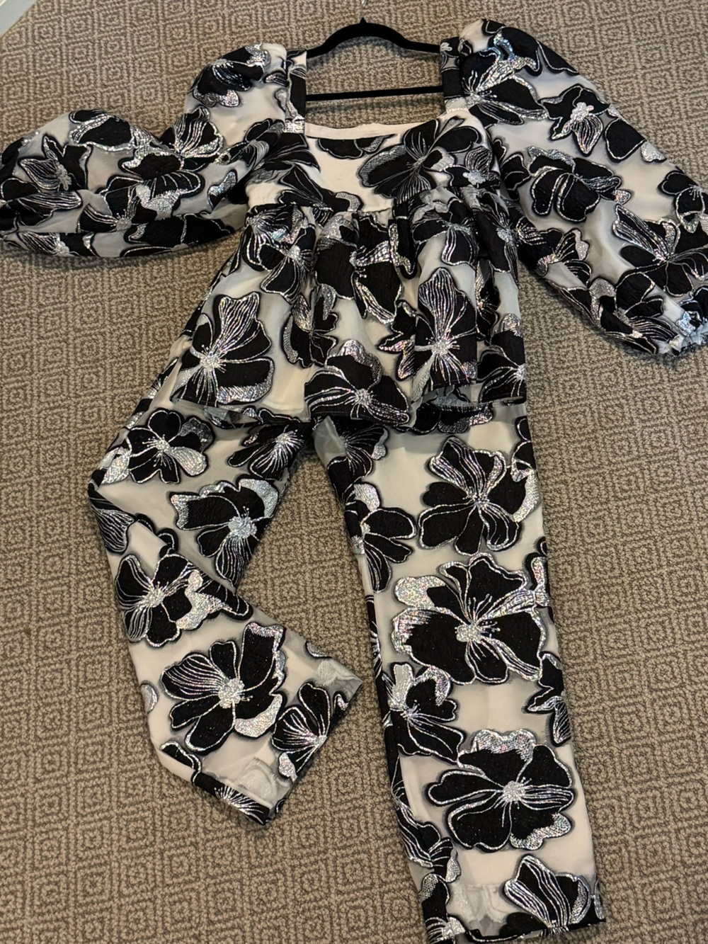 STINE GOYA Black and Silver Floral Scarf